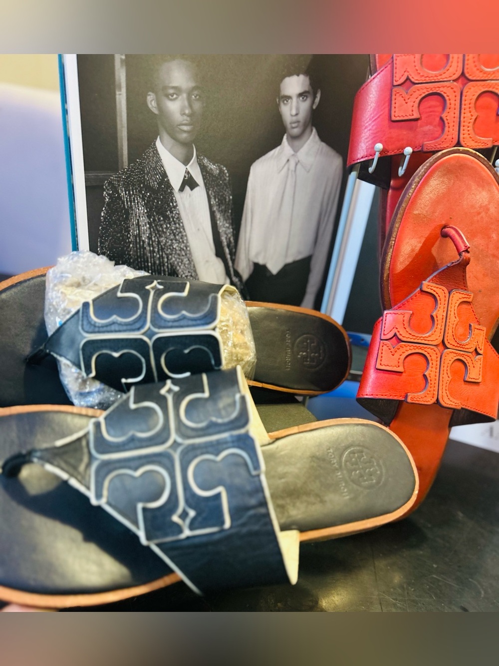 SALE•Tory Burch Red/Black Logo Slide Sandal Duo Bundle(Red/Orange Free w Flaw) - Picture 4 of 16